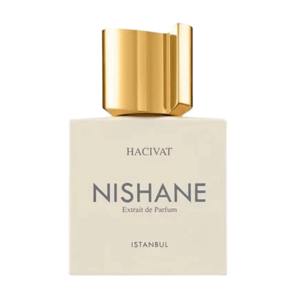 Nishane Hacivat Extrait De Parfum 50Ml Bottle On A Minimalist Background, Highlighting Notes Of Pineapple, Bergamot, And Oakmoss.