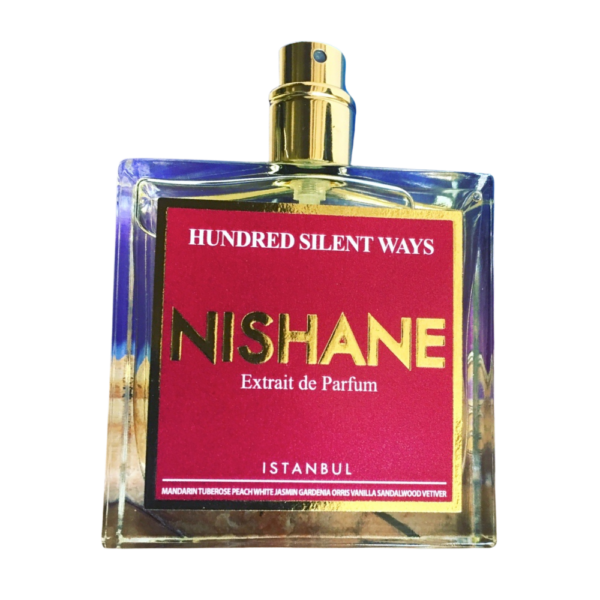 Nishane Hundred Silent Ways Extrait de Parfum 50ml bottle on a soft, elegant background, highlighting notes of jasmine, vanilla, and sandalwood.