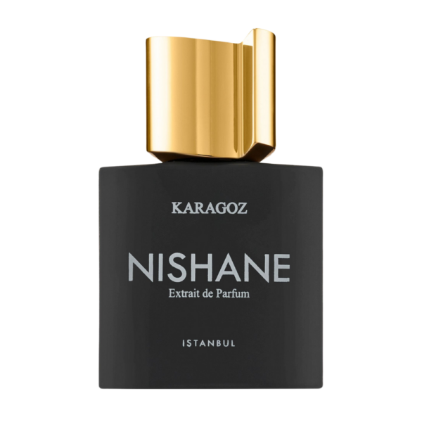 Nishane Karagoz Extrait 50ml bottle set against a tropical background, highlighting pineapple, patchouli, and amber notes.