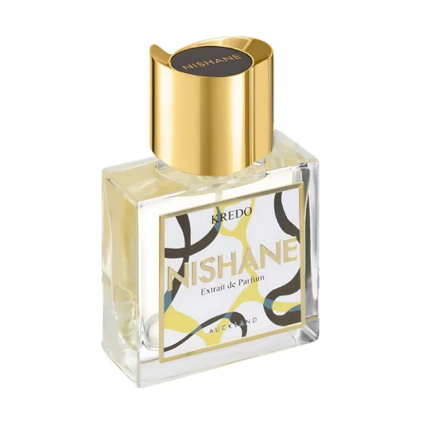 Nishane Kredo Extrait de Parfum 50ml bottle on a refined, neutral background, showcasing notes of oud, sandalwood, and suede.