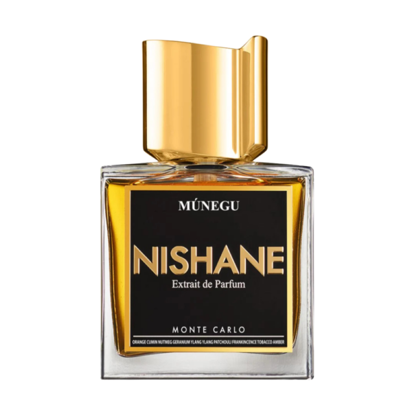 Nishane Munegu Extrait 50ml bottle with a warm, amber-toned background, highlighting its spicy and earthy aroma.