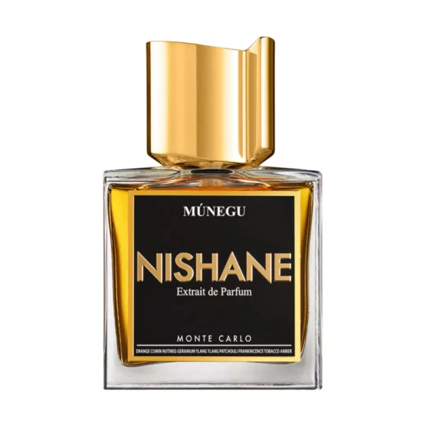 Nishane Munegu Extrait 50ml bottle with a warm, amber-toned background, highlighting its spicy and earthy aroma.