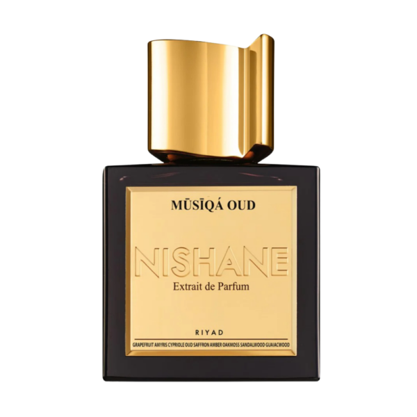 Nishane Musiqa Oud Extrait de Parfum 50ml bottle on a rich, dark background, emphasizing notes of oud, saffron, and amber.