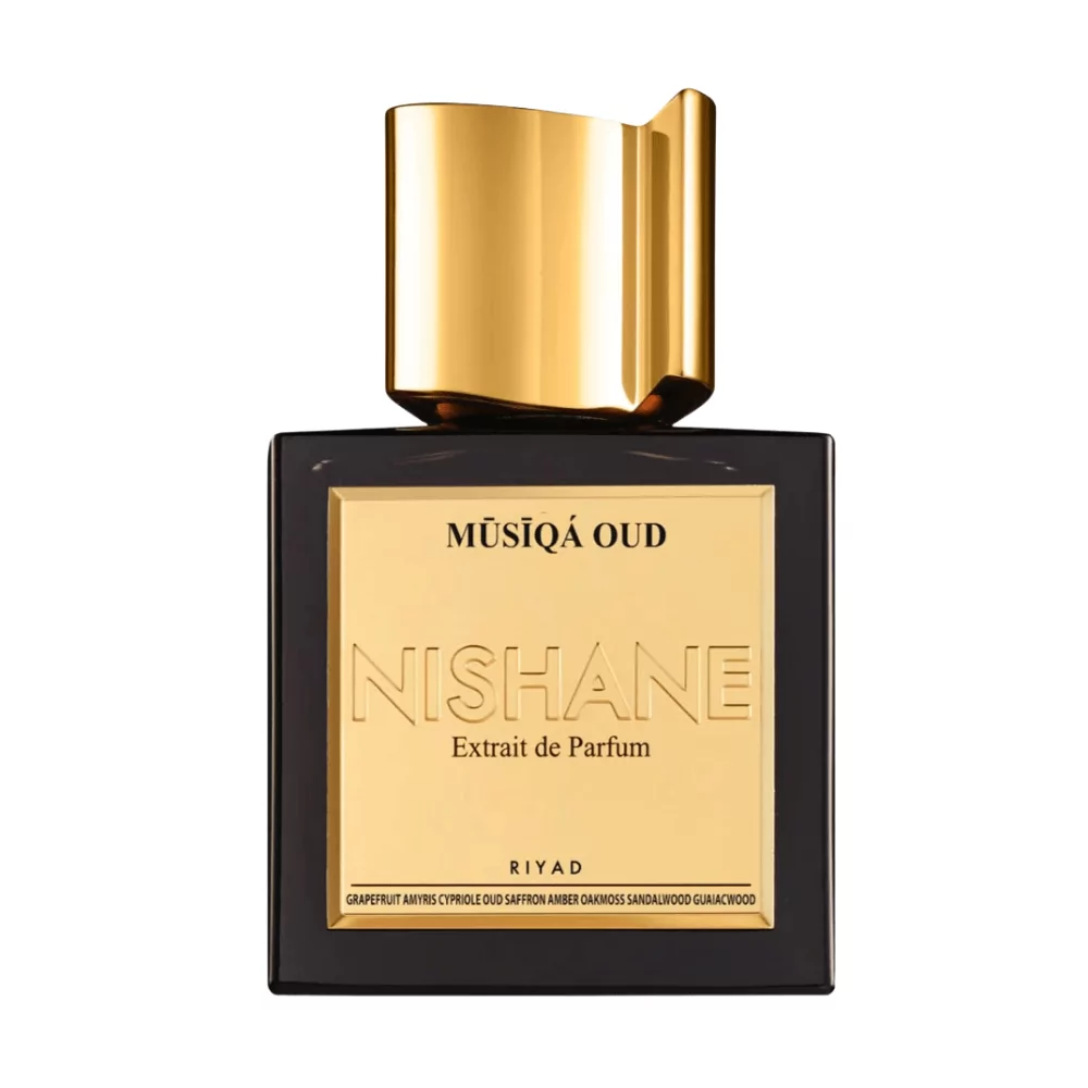 Nishane Musiqa Oud Extrait De Parfum 50Ml Bottle On A Rich, Dark Background, Emphasizing Notes Of Oud, Saffron, And Amber.