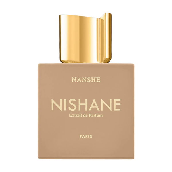 Nishane Nanshe Extrait 100ml bottle with a soft, floral-themed background, highlighting its rose and musk notes.