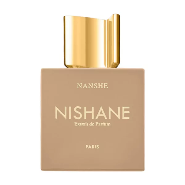 Nishane Nanshe Extrait 100ml bottle with a soft, floral-themed background, highlighting its rose and musk notes.