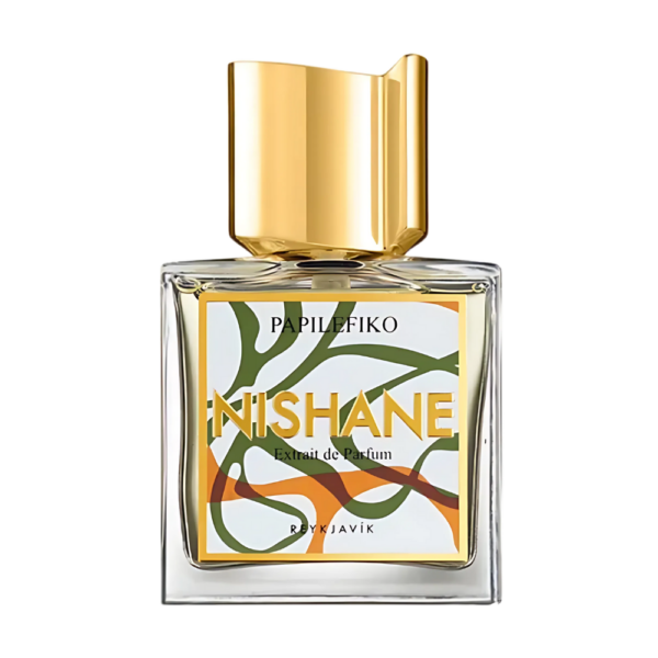 Nishane Papilefiko Extrait 50ml bottle with a fresh background highlighting lavender and moss notes.