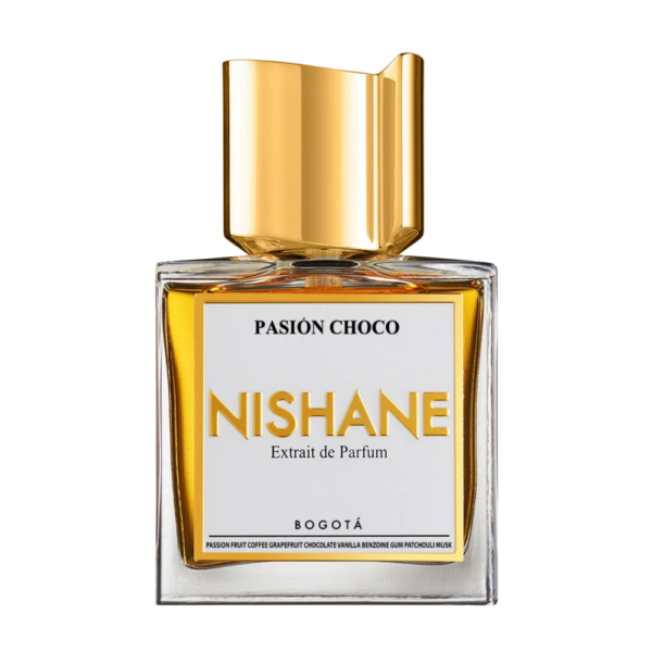 Nishane Pasion Choco Extrait 50ml bottle with a chocolate-inspired background, highlighting its luxurious aroma.