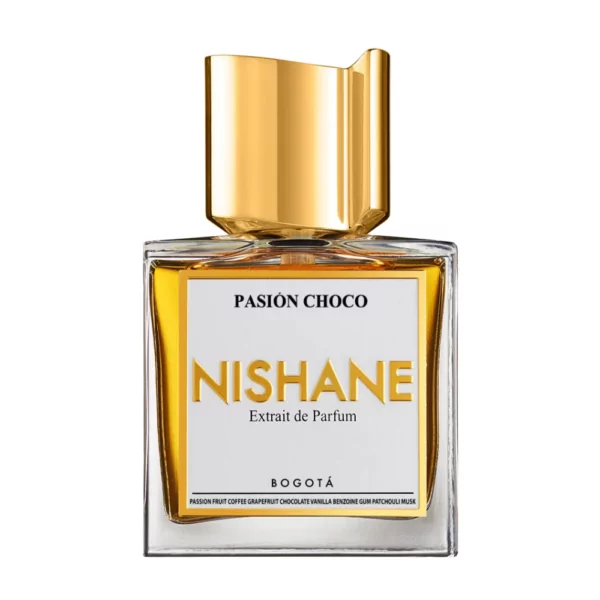 Nishane Pasion Choco Extrait 50ml bottle with a chocolate-inspired background, highlighting its luxurious aroma.