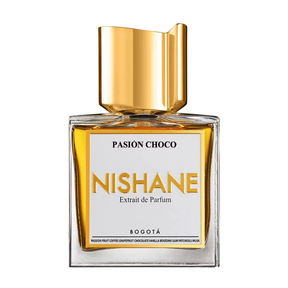 Nishane Pasion Choco Extrait 50Ml Bottle With A Chocolate-Inspired Background, Highlighting Its Luxurious Aroma.