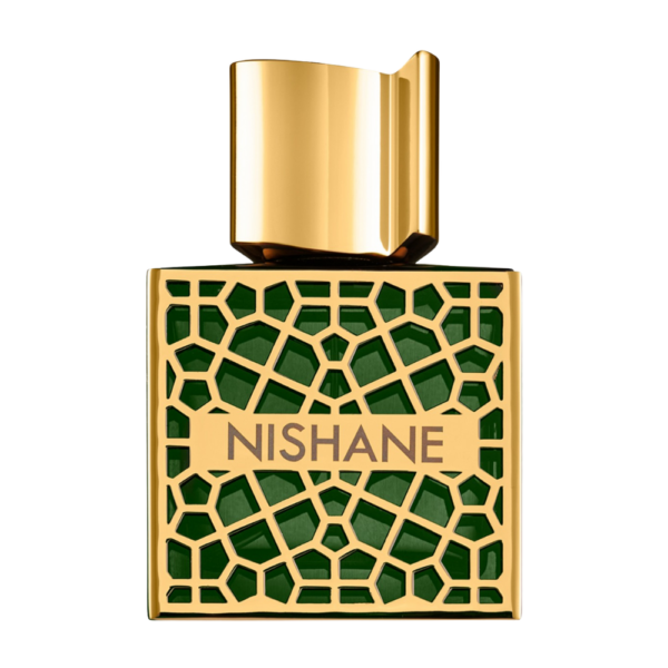 Nishane Shem Extrait 50ml bottle against a glowing background, highlighting its rose, amber, and leather notes.