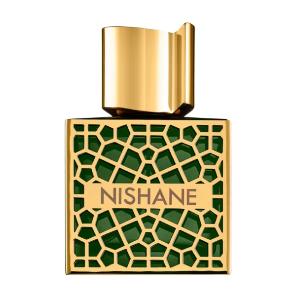 Nishane Shem Extrait 50ml bottle against a glowing background, highlighting its rose, amber, and leather notes.