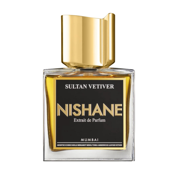 Nishane Sultan Vetiver Extrait de Parfum 50ml bottle on a regal background, highlighting notes of vetiver, leather, and amberwood.