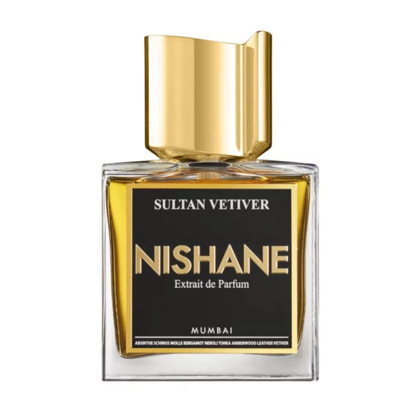 Nishane Sultan Vetiver Extrait de Parfum 50ml bottle on a regal background, highlighting notes of vetiver, leather, and amberwood.