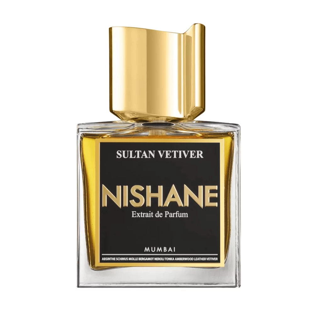 Nishane Sultan Vetiver Extrait De Parfum 50Ml Bottle On A Regal Background, Highlighting Notes Of Vetiver, Leather, And Amberwood.