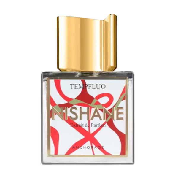 Nishane Tempfluo Extrait 50ml bottle with a bright, citrus-inspired background, highlighting its jasmine and vanilla notes.