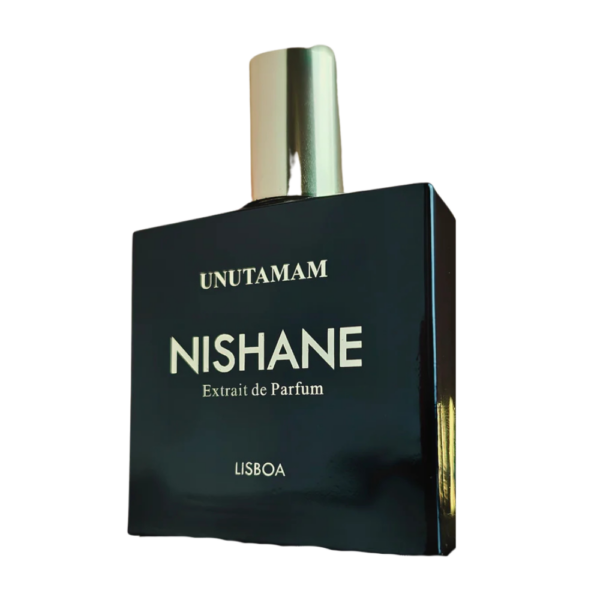 Nishane Unutamam Extrait de Parfum 30ml bottle on a bold, dramatic background, showcasing notes of lavender, patchouli, and caramel.