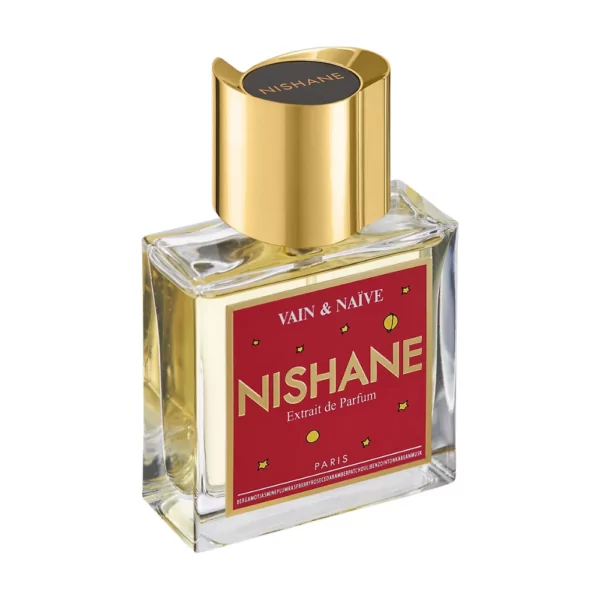 Nishane Vain & Naïve Extrait de Parfum 50ml bottle on a romantic floral background, emphasizing notes of rose, plum, and sandalwood.