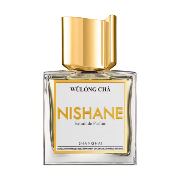 Nishane Wulong Cha Extrait de Parfum 50ml bottle on a vibrant, fresh background, highlighting notes of citrus, oolong tea, and fig.