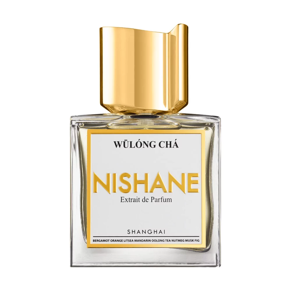 Nishane Wulong Cha Extrait De Parfum 50Ml Bottle On A Vibrant, Fresh Background, Highlighting Notes Of Citrus, Oolong Tea, And Fig.