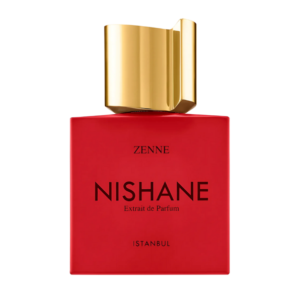 Nishane Zenne Extrait 55ml bottle with a vibrant, floral-fruity background, showcasing its rhubarb, rose, and vanilla notes.