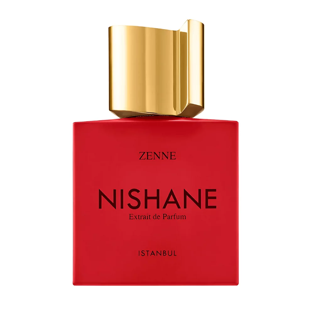 Nishane Zenne Extrait 55Ml Bottle With A Vibrant, Floral-Fruity Background, Showcasing Its Rhubarb, Rose, And Vanilla Notes.