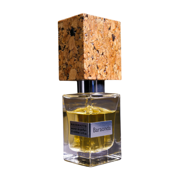 Nasomatto Baraonda Extrait de Parfum 30ml bottle with a rich, warm background, highlighting whiskey and rose notes.