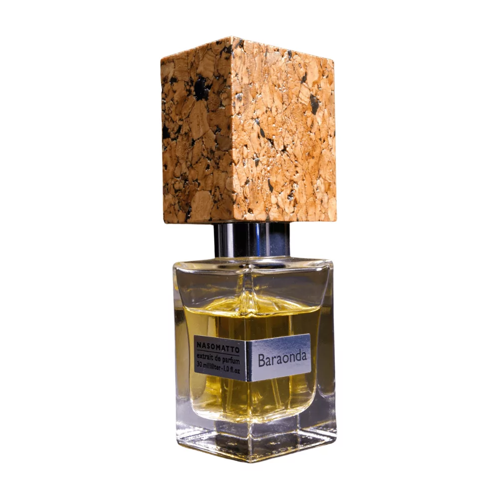 Nasomatto Baraonda Extrait De Parfum 30Ml Bottle With A Rich, Warm Background, Highlighting Whiskey And Rose Notes.