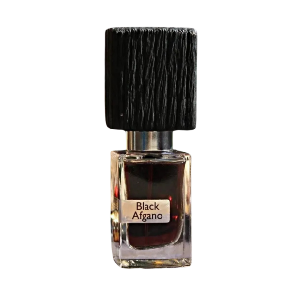 Nasomatto Black Afgano Extrait de Parfum 30ml bottle with a deep, dark background, showcasing oud and cannabis notes.