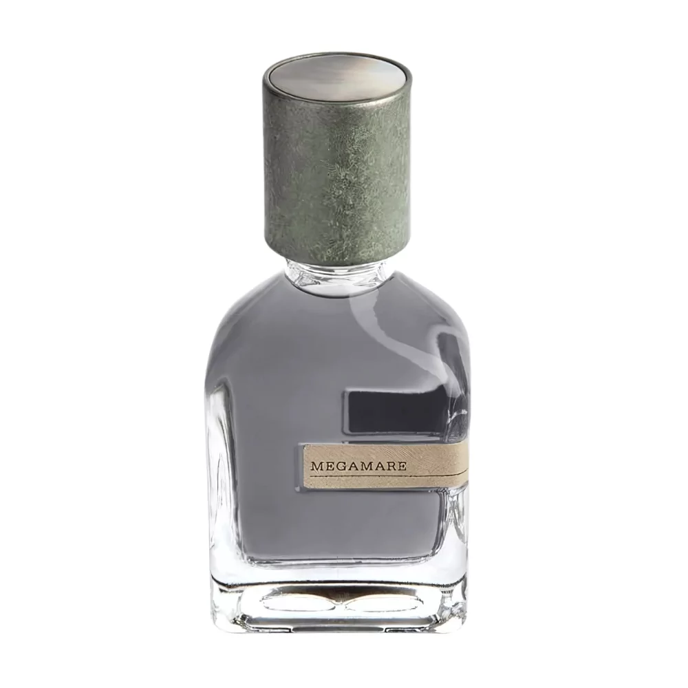 Orto Parisi Megamare Edp Unisex 50Ml Bottle With A Marine-Inspired Background, Highlighting Seaweed And Ambroxan Notes.