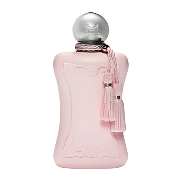 Parfums de Marly Delina EDP 75ml bottle with a soft, elegant background, highlighting rose and vanilla notes.