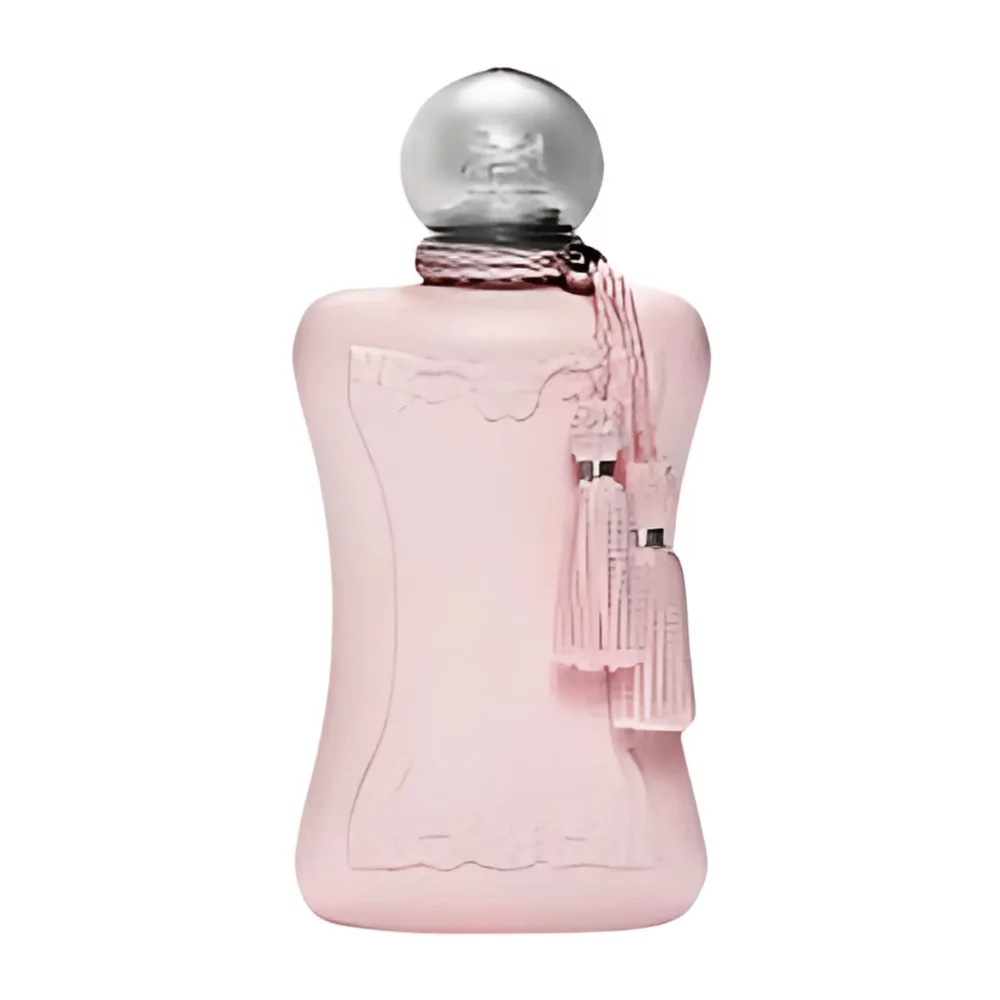 Parfums De Marly Delina Edp 75Ml Bottle With A Soft, Elegant Background, Highlighting Rose And Vanilla Notes.