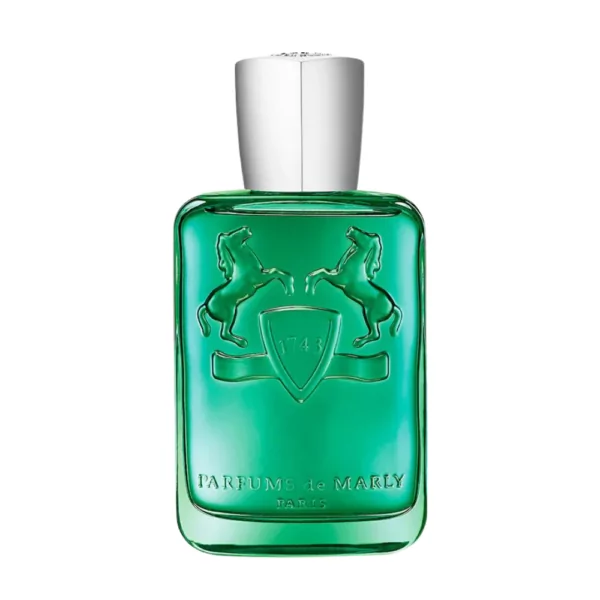 Parfums de Marly Greenley EDP 125ml bottle with a fresh green background, highlighting green apple and oakmoss notes.