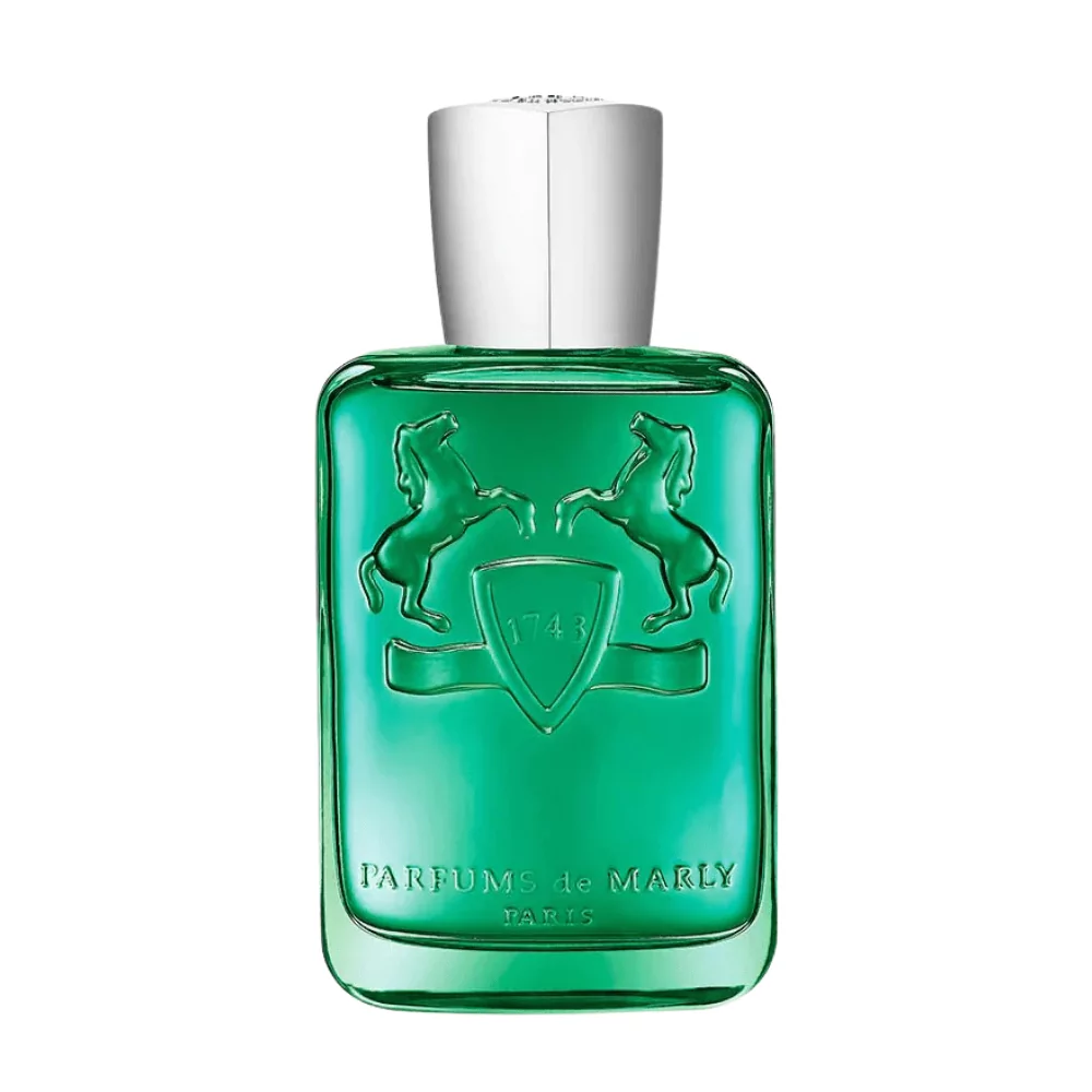 Parfums De Marly Greenley Edp 125Ml Bottle With A Fresh Green Background, Highlighting Green Apple And Oakmoss Notes.