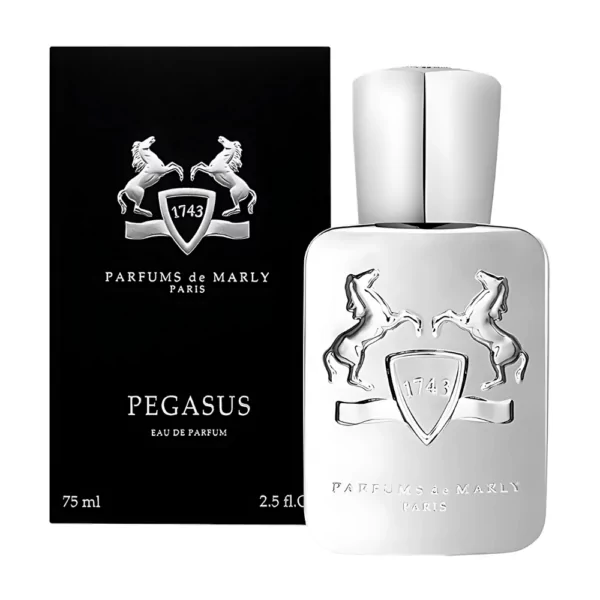 Parfums de Marly Pegasus EDP 75ml bottle against an elegant, refined background, showcasing almond and lavender notes.