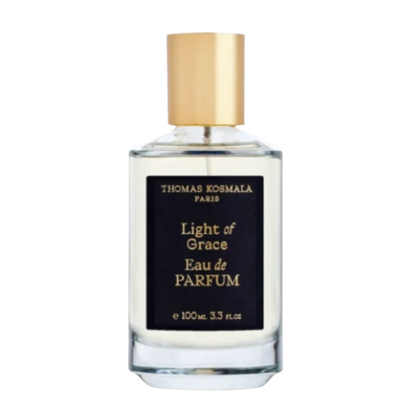 Thomas Kosmala Light Of Grace EDP 100ml bottle with a soft floral background, highlighting white flowers and amber notes.