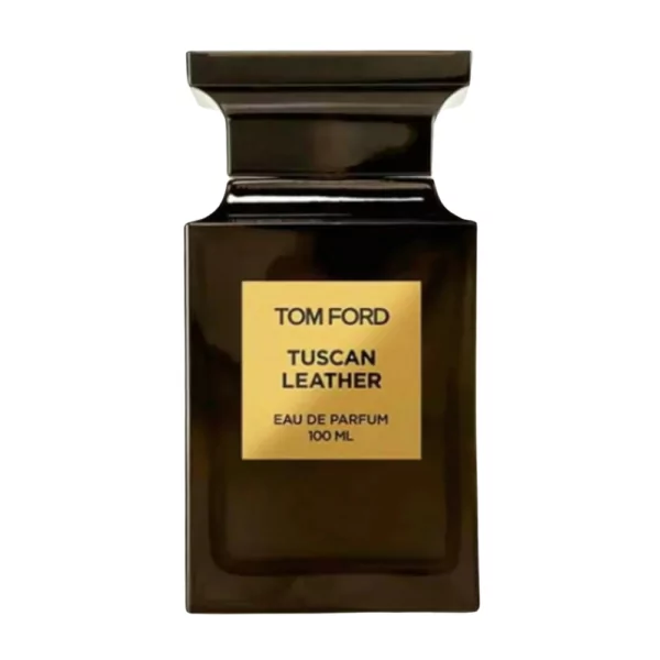 Tom Ford Tuscan Leather Eau de Parfum 100ml bottle, with notes of raspberry, saffron, and black suede for a rich, smoky scent.