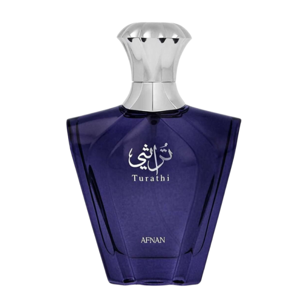 Afnan Turathi Blue EDP 90ml bottle on a fresh, vibrant background, showcasing notes of citrus, amber, and musk.