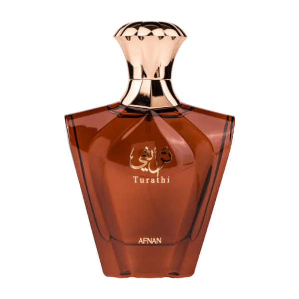 Afnan Turathi Brown EDP 90ml bottle on a rich, warm background, showcasing notes of patchouli, vanilla, and amber.