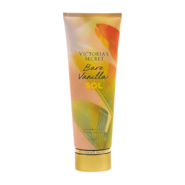 Victoria's Secret Bare Vanilla Sol Body Mist in a 236ml bottle with tropical leaf design, featuring notes of vanilla, amber, and sunlit warmth for a cozy and sweet fragrance.