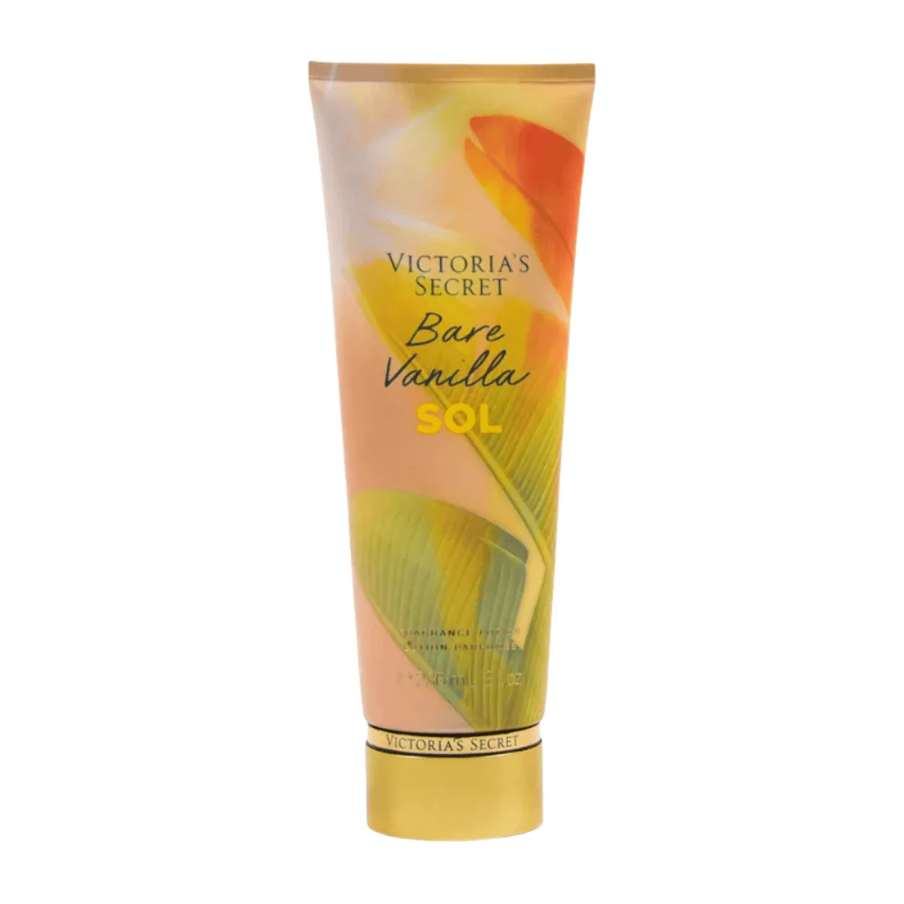 Victoria'S Secret Bare Vanilla Sol Body Mist In A 236Ml Bottle With Tropical Leaf Design, Featuring Notes Of Vanilla, Amber, And Sunlit Warmth For A Cozy And Sweet Fragrance.