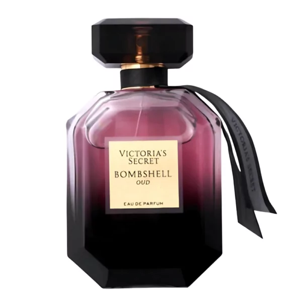 Victoria's Secret Bombshell Oud Eau de Parfum in a 100ml bottle, featuring notes of saffron, sueded peony, and oud for a luxurious fragrance.