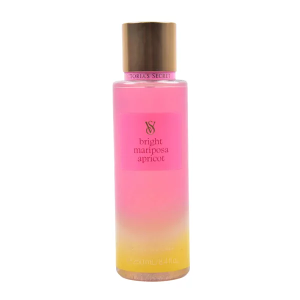 Victoria's Secret Bright Mariposa Apricot Body Mist in a 250ml bottle, featuring notes of apricot, mariposa lily, and peach for a fresh, fruity scent.