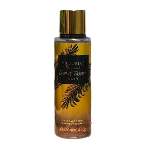 Victoria's Secret Coconut Passion Noir Body Mist in a 250ml bottle, featuring notes of coconut, vanilla, and lily of the valley for a warm, tropical fragrance.