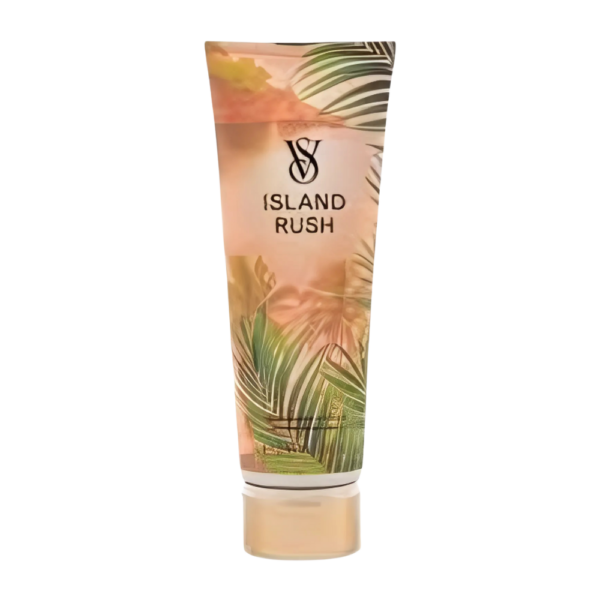 Victoria's Secret Island Rush Body Mist in a 236ml bottle with tropical-themed packaging, featuring notes of coconut, Tahitian gardenia, and earthy wood.