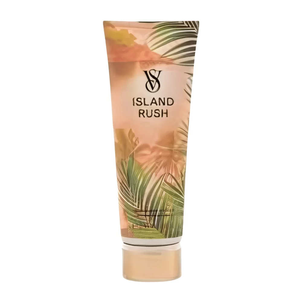 Victoria'S Secret Island Rush Body Mist In A 236Ml Bottle With Tropical-Themed Packaging, Featuring Notes Of Coconut, Tahitian Gardenia, And Earthy Wood.