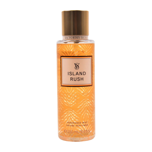 Victoria's Secret Island Rush Body Spray bottle in 250ml size, featuring tropical gardenia and coconut fragrance.