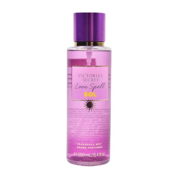 Victoria's Secret Love Spell Sol Body Mist in a 250ml bottle, featuring fruity peach and floral cherry blossom notes for a refreshing fragrance.