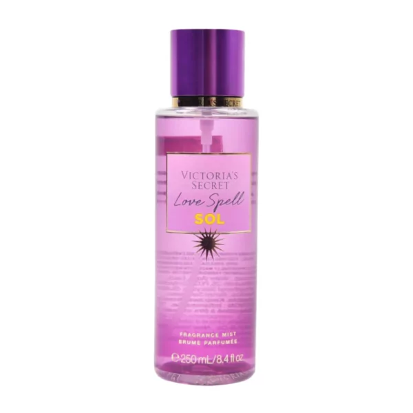 Victoria's Secret Love Spell Sol Body Mist in a 250ml bottle, featuring fruity peach and floral cherry blossom notes for a refreshing fragrance.