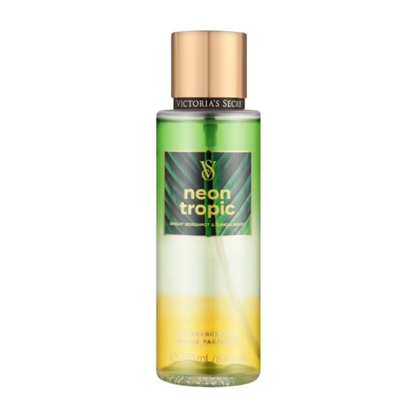 Victoria's Secret Neon Tropic Body Mist in a 250ml bottle, featuring juicy pineapple, tropical floral, and warm amber notes for an exotic fragrance.